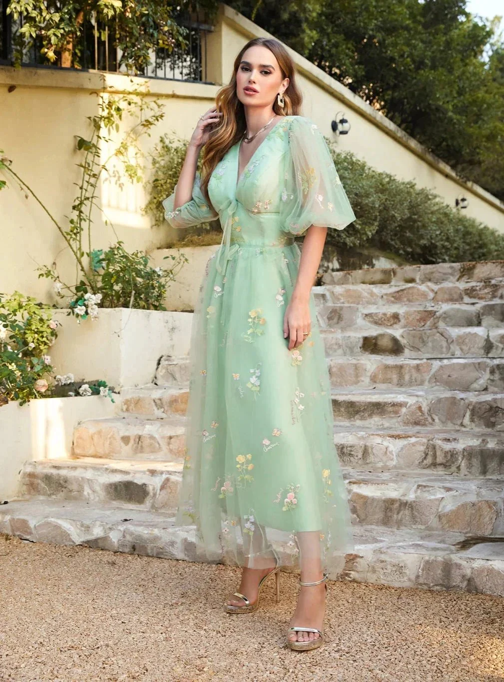 Designer Flowers V-neck A-line Prom Dresses With Sleeves Ankle Length Dress - Image 3