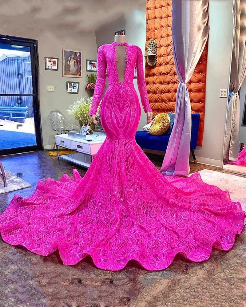 Designer Fuchsia Long Sleeves V-neck Mermaid Sparkle Long Prom Dress - Image 2