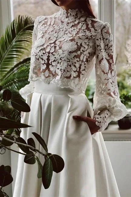 Designer Long A-line High Neck Lace Wedding Dresses With Long Sleeves - Image 3