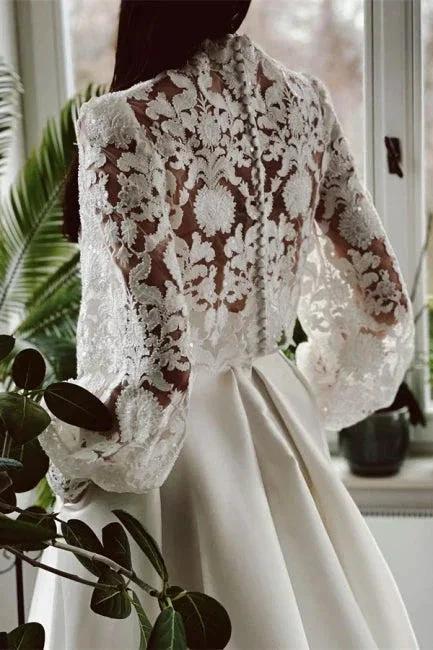 Designer Long A-line High Neck Lace Wedding Dresses With Long Sleeves - Image 4