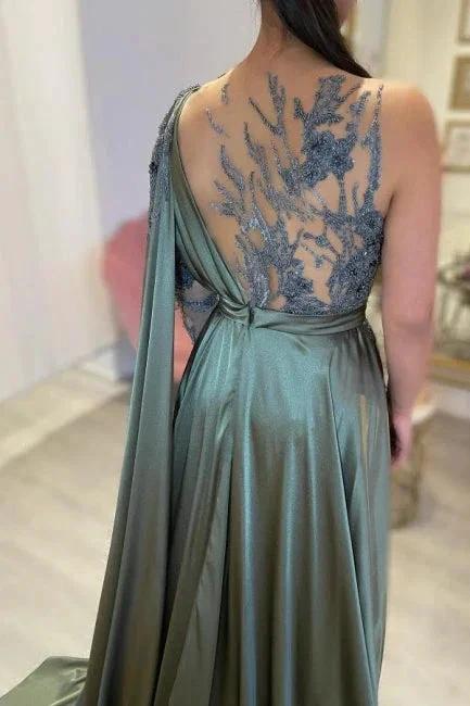 Designer Long A-line Lace Split Evening Dresses With Long Sleeve - Image 3