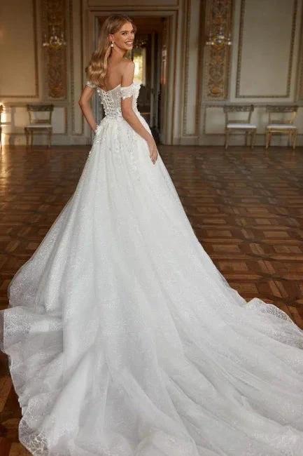 Designer Long A-line Off-the-shoulder Lace Wedding Dresses With Glitter - Image 2