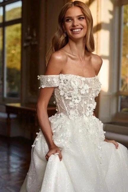 Designer Long A-line Off-the-shoulder Lace Wedding Dresses With Glitter - Image 3