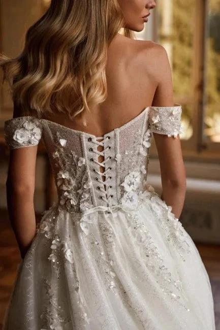 Designer Long A-line Off-the-shoulder Lace Wedding Dresses With Glitter - Image 4