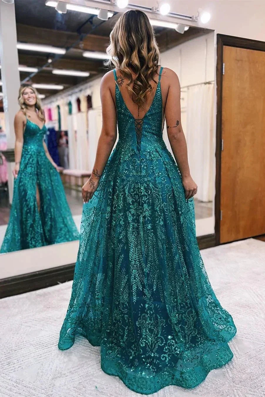Designer Long A-line Spaghetti Straps Lace Sleeveless Prom Dress With Slit - Image 2