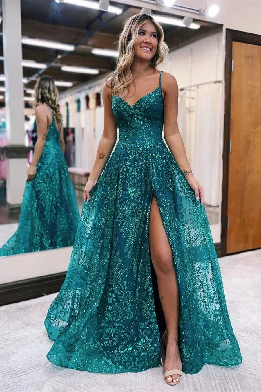 Designer Long A-line Spaghetti Straps Lace Sleeveless Prom Dress With Slit - Image 3