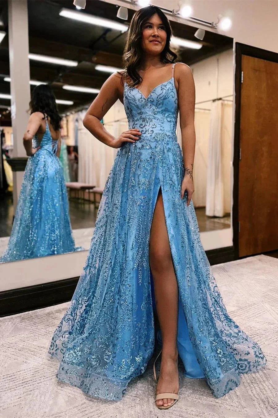 Designer Long A-line Spaghetti Straps Lace Sleeveless Prom Dress With Slit - Image 4