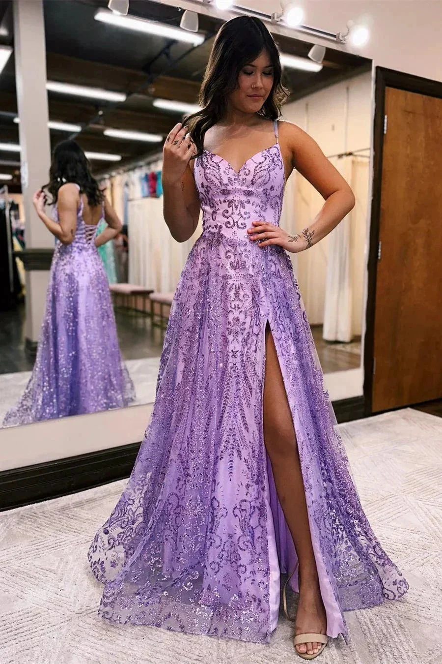 Designer Long A-line Spaghetti Straps Lace Sleeveless Prom Dress With Slit - Image 5