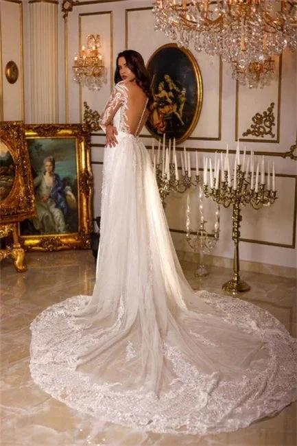 Designer Long A-line V-neck Lace Appliques Wedding Dresses With Long Sleeves - Image 2