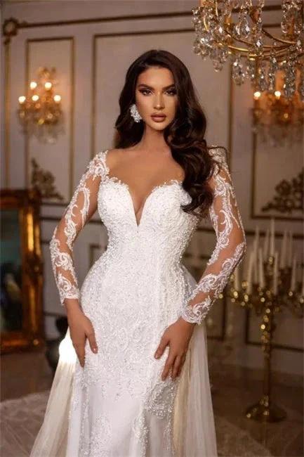 Designer Long A-line V-neck Lace Appliques Wedding Dresses With Long Sleeves - Image 3