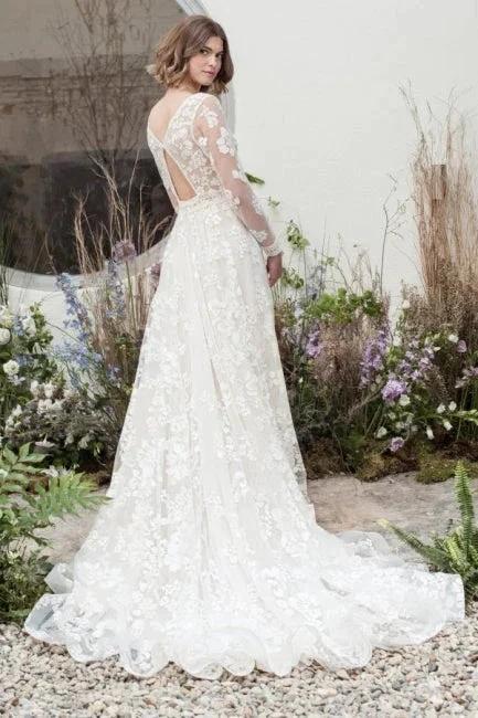 Designer Long A-Line V-neck Lace Wedding Dresses With Long Sleeves - Image 2