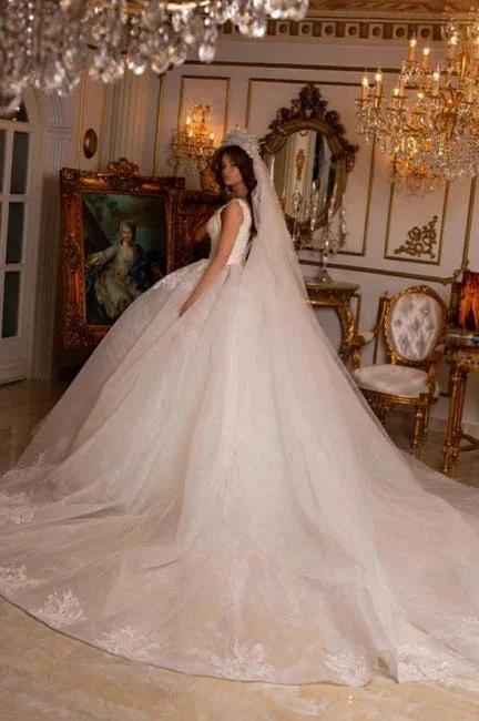 Designer Long A-line V-Neck Sleeveless Appliques Wedding Dress With Lace - Image 2