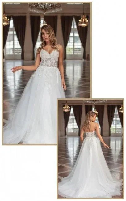 Designer Long A-line V-neck Tulle Sleeveless Wedding Dresses With Lace - Image 4