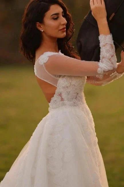 Designer Long A-line V-neck White Lace Wedding Dresses with Long Sleeves - Image 2