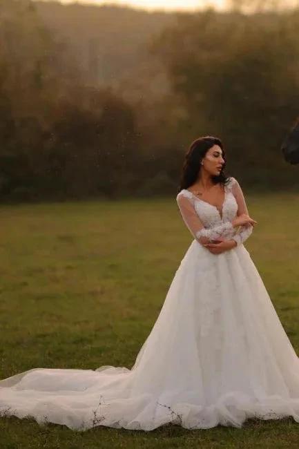Designer Long A-line V-neck White Lace Wedding Dresses with Long Sleeves - Image 3