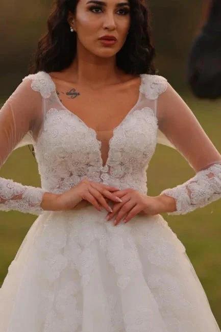 Designer Long A-line V-neck White Lace Wedding Dresses with Long Sleeves - Image 4