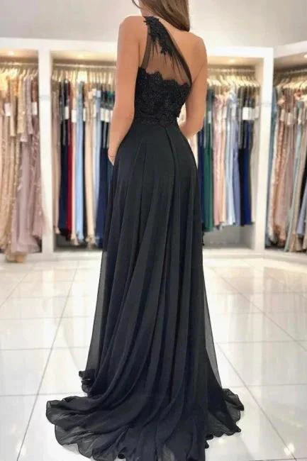 Designer Long Black Evening Dresses One Shoulder Lace Prom Dresses With Slit - Image 2