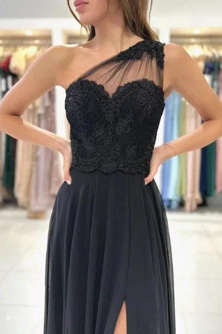 Designer Long Black Evening Dresses One Shoulder Lace Prom Dresses With Slit - Image 3