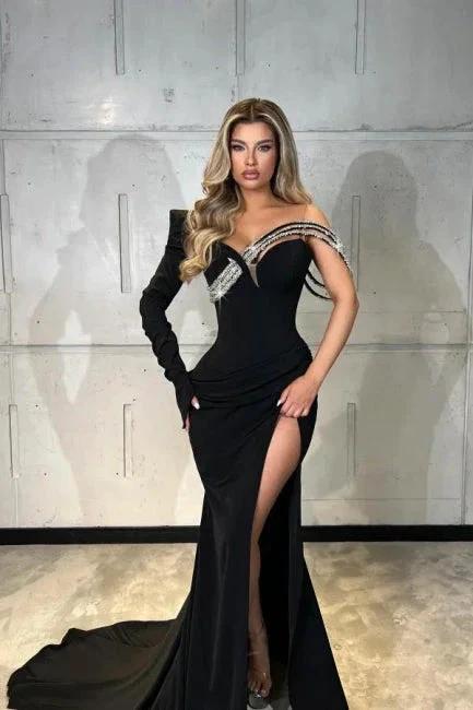 Designer Long Black Mermaid One Shoulder Satin Glitter Long Sleeve Prom Dress with Slit - Image 2