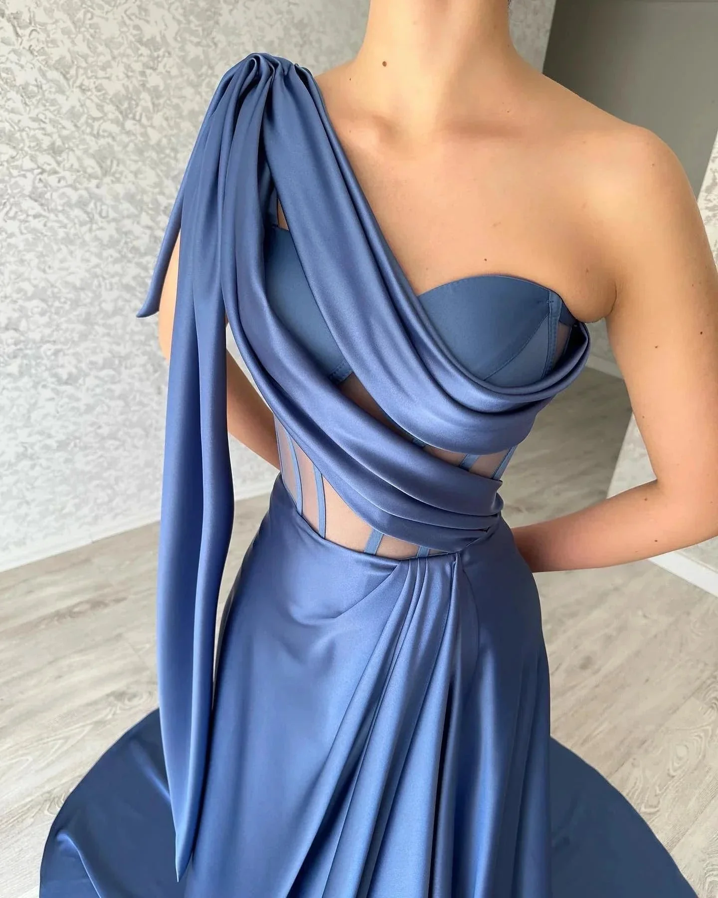 Designer Long Blue A-line One Shoulder Sleeveless Prom Dress - Image 3