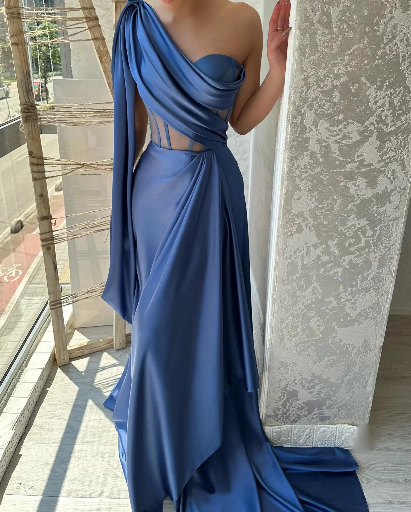 Designer Long Blue A-line One Shoulder Sleeveless Prom Dress - Image 4