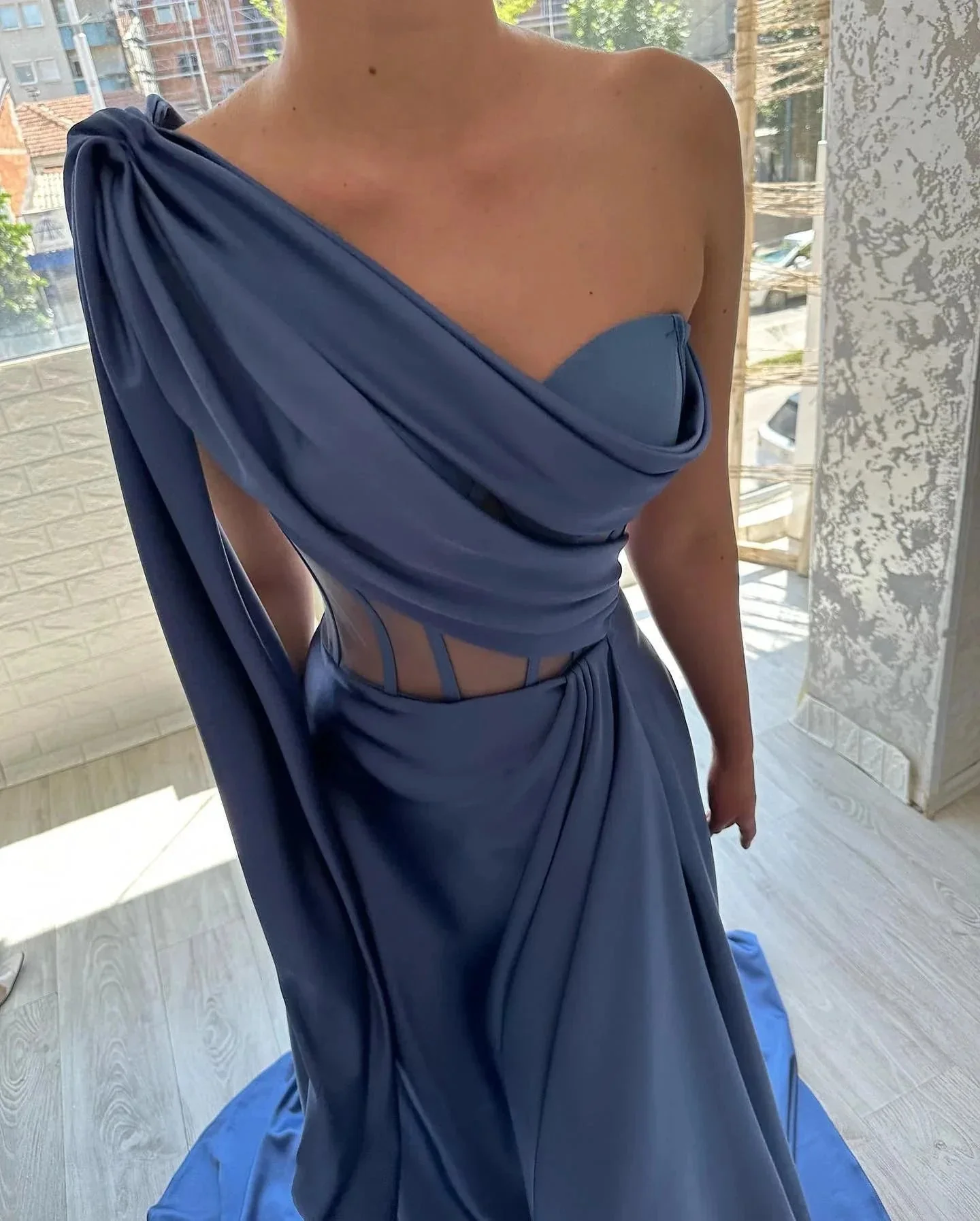 Designer Long Blue A-line One Shoulder Sleeveless Prom Dress - Image 6