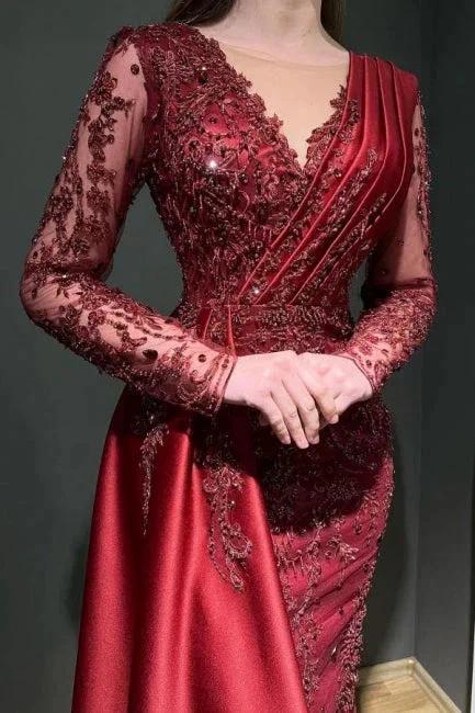 Designer Long Burgundy Lace Beading Mermaid Evening Dresses With Long Sleeves - Image 2