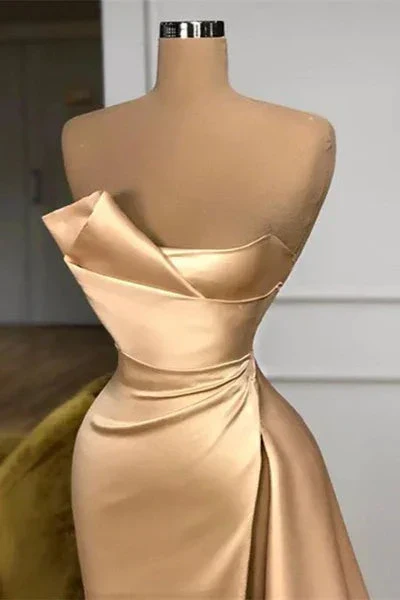 Designer Long Champagne A-line Sleeveless Split Prom Dress With Train - Image 2
