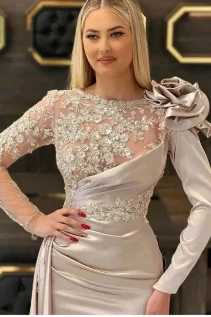 Designer Long Champagne Mermaid Lace Evening Dresses With Long Sleeves - Image 2
