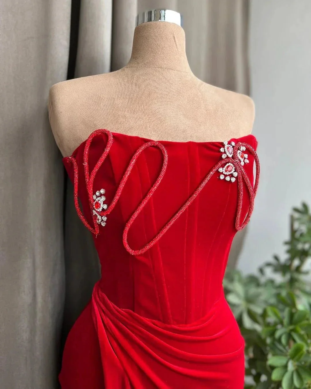 Designer Long Column Red Strapless Velvet Jewels Prom Dress - Image 2