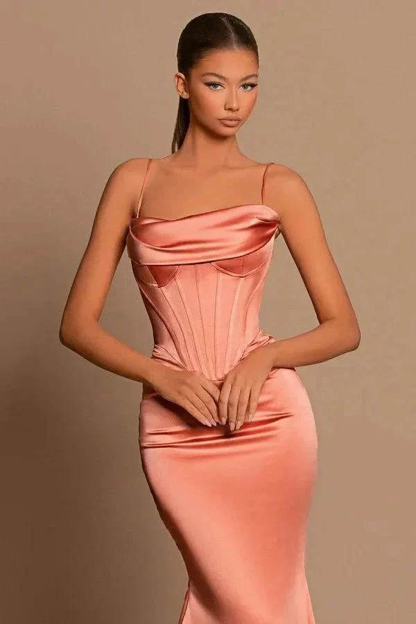 Designer Long Coral Spaghetti Straps Mermaid Sleeveless Prom Dress - Image 2