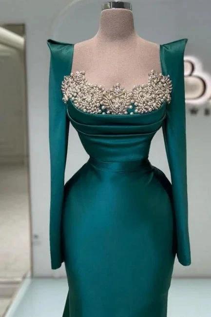 Designer Long Dark Green Beading Pearls Mermaid Prom Dresses with Long Sleeves - Image 2