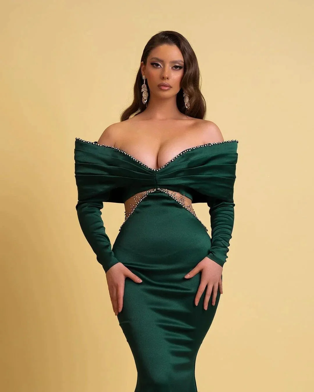 Designer Long Dark Green Mermaid Off-the-shoulder Rhinestones Prom Dress With Long Sleeves - Image 2