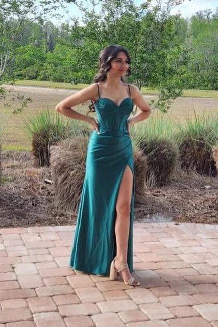 Designer Long Dark Green Sleeveless Spaghetti Straps Prom Dresses With Slit - Image 2