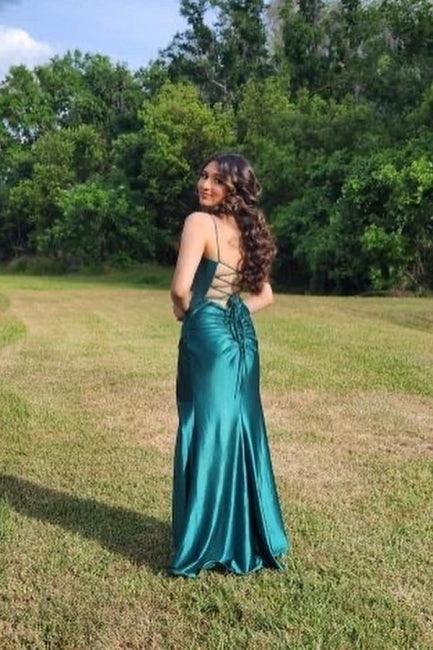 Designer Long Dark Green Sleeveless Spaghetti Straps Prom Dresses With Slit - Image 3