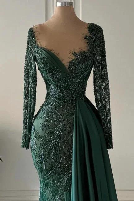 Designer Long Dark Green V-neck Lace Mermaid Prom Dresses with Long Sleeves - Image 2