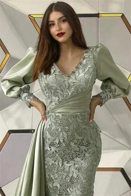 Designer Long Dusty Sage Mermaid Long Sleeves Evening Dresses With Lace - Image 2
