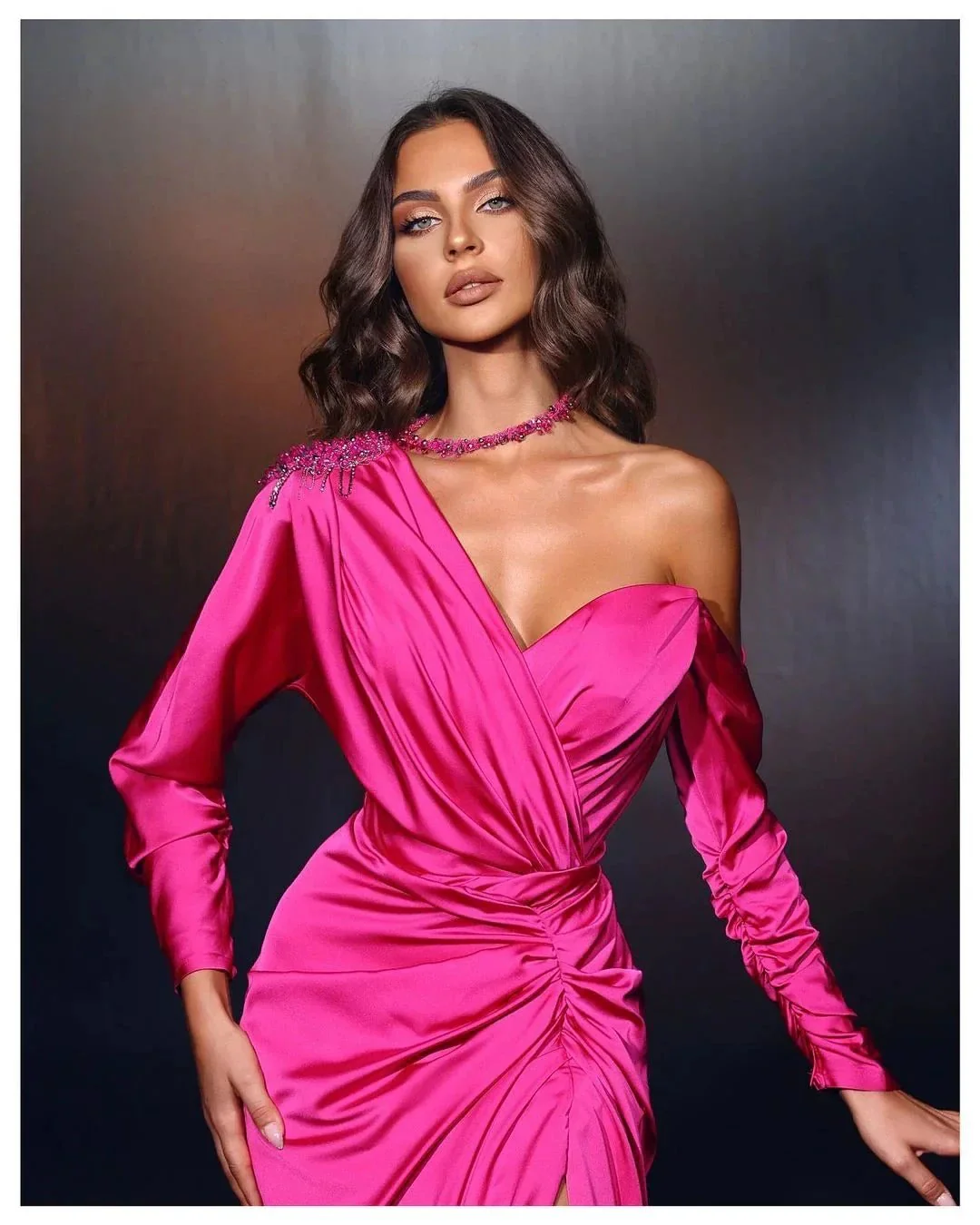 Designer Long Fuchsia One Shoulder Beading Long Sleeves Prom Dress With Slit - Image 2