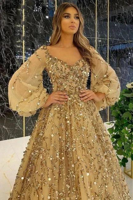 Designer Long Gold A-line Lace Sequined Long Sleeves Evening Dresses With Glitter - Image 2