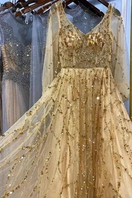 Designer Long Gold A-line Lace Sequined Long Sleeves Evening Dresses With Glitter - Image 3