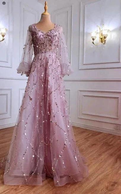 Designer Long Gold A-line Lace Sequined Long Sleeves Evening Dresses With Glitter - Image 4