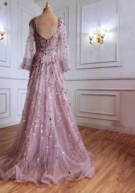Designer Long Gold A-line Lace Sequined Long Sleeves Evening Dresses With Glitter - Image 5