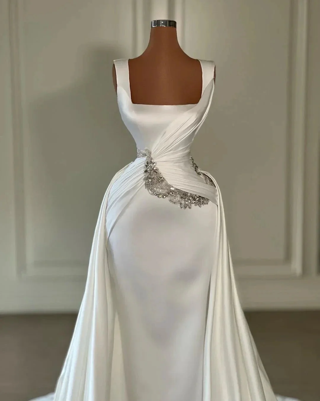 Designer Long Ivory A-line Straps Jewels Sleeveless Wedding Dress With Train - Image 2