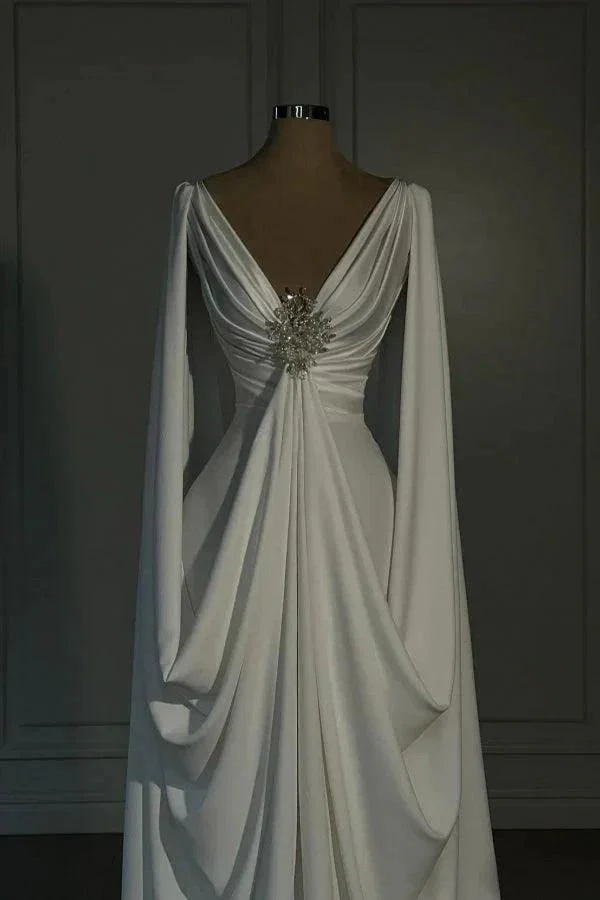 Designer Long Ivory A-line V-neck Satin Wedding Dress with Long Sleeves - Image 2