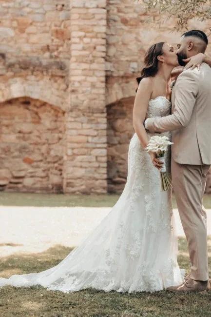 Designer Long Ivory Mermaid Strapless Lace Wedding Dress with Train - Image 2