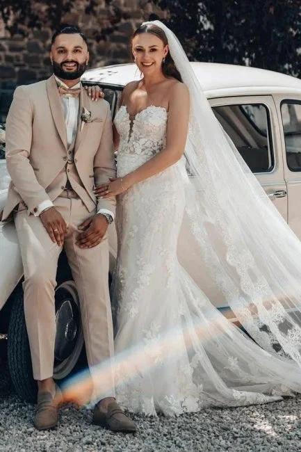 Designer Long Ivory Mermaid Strapless Lace Wedding Dress with Train - Image 5