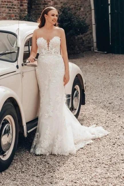 Designer Long Ivory Mermaid Strapless Lace Wedding Dress with Train - Image 7