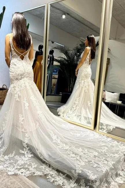 Designer Long Mermaid Appliques Sleeveless Wedding Dresses With Lace - Image 2