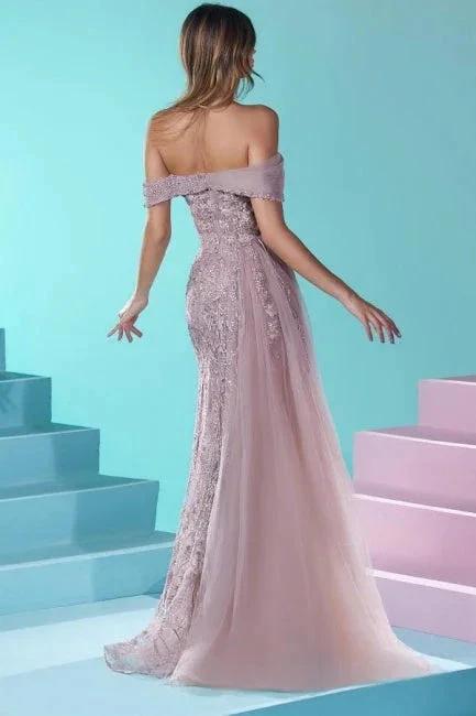 Designer Long Mermaid Off-the-shoulder Lace Beading Tulle Prom Dress - Image 2