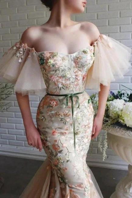 Designer Long Mermaid Off-the-shoulder Tulle Lace Prom Dress with Flowers - Image 2